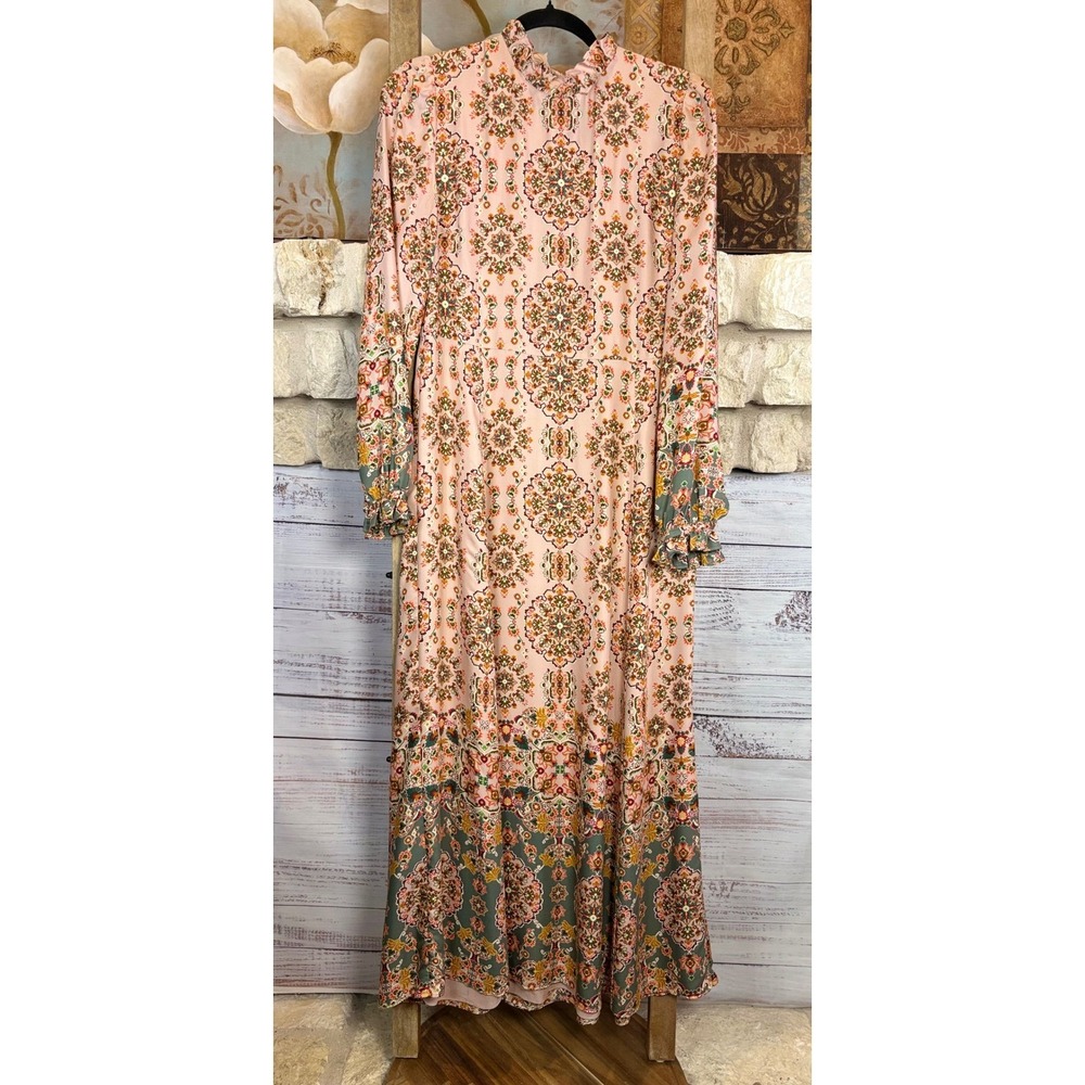 Boden Silk Blend Tapestry Print Ruffle Neck Maxi Dress Pink Multi Size 6 - Picture 13 of 16